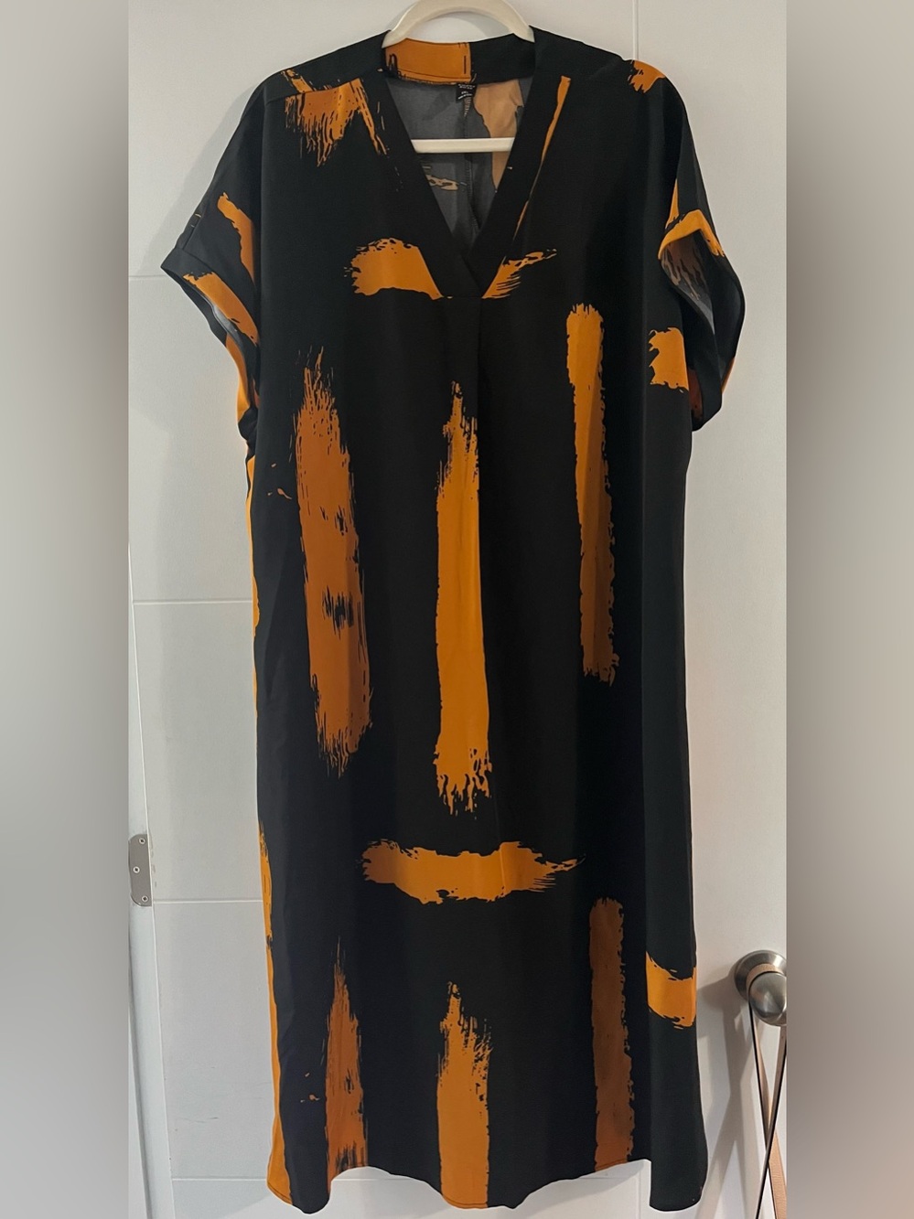 Black Maxi Dress with Bold Orange Brushstroke Print